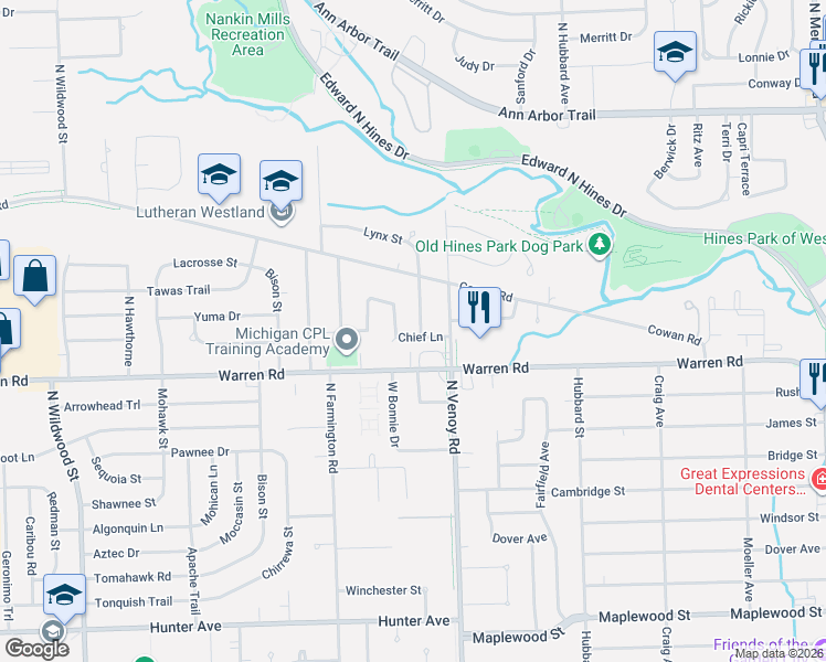 map of restaurants, bars, coffee shops, grocery stores, and more near 7307 Iroquois St in Westland