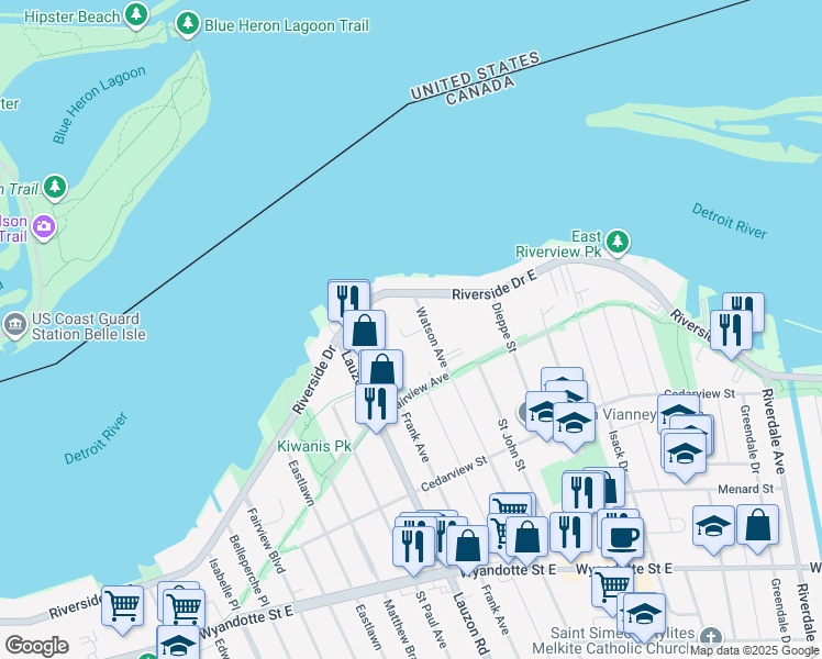map of restaurants, bars, coffee shops, grocery stores, and more near 233 Watson Avenue in Windsor