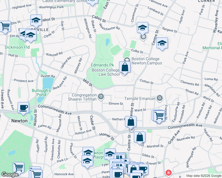 map of restaurants, bars, coffee shops, grocery stores, and more near 74 Mill Street in Newton