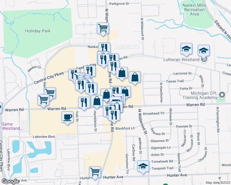 map of restaurants, bars, coffee shops, grocery stores, and more near 7308-7342 North Wayne Road in Westland