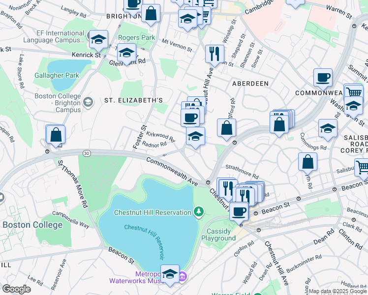 map of restaurants, bars, coffee shops, grocery stores, and more near 232 Chestnut Hill Avenue in Boston