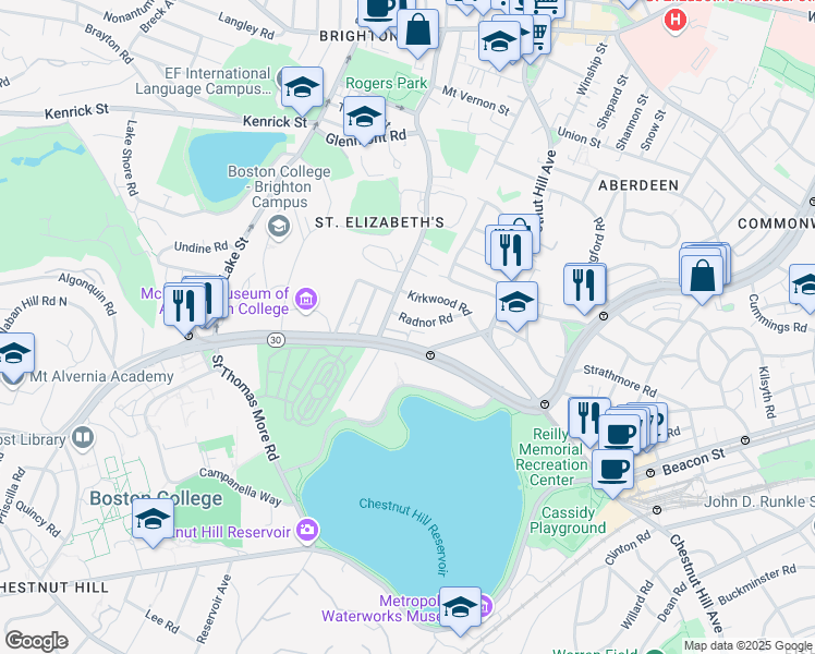 map of restaurants, bars, coffee shops, grocery stores, and more near 15 Radnor Road in Boston