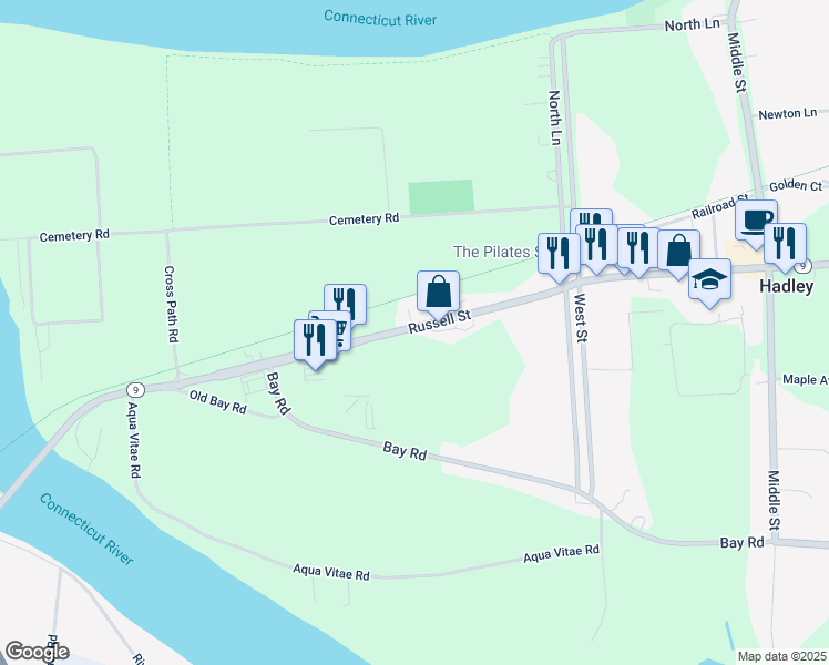 map of restaurants, bars, coffee shops, grocery stores, and more near 63 Russell Street in Hadley