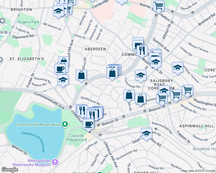 map of restaurants, bars, coffee shops, grocery stores, and more near 98 Lanark Road in Boston