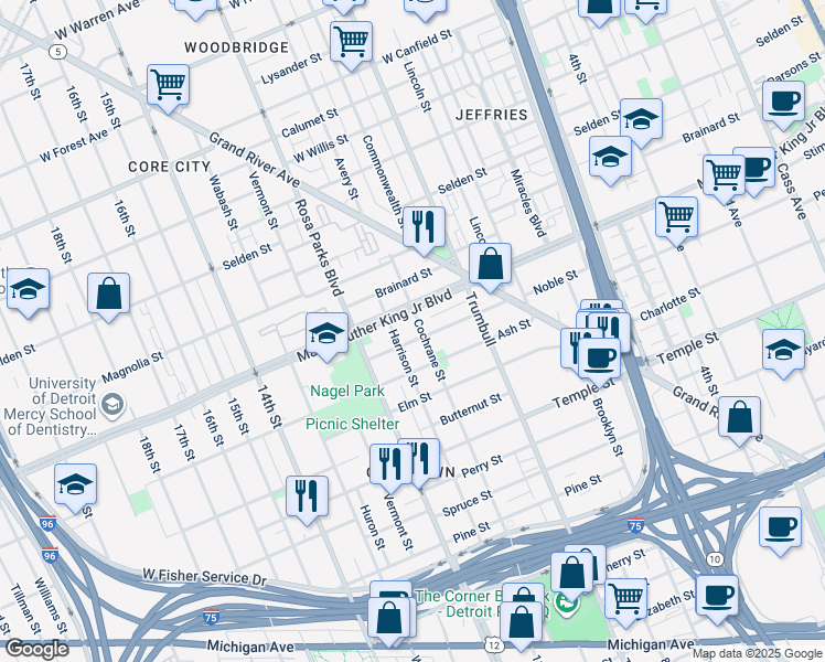 map of restaurants, bars, coffee shops, grocery stores, and more near 3413 Cochrane Street in Detroit