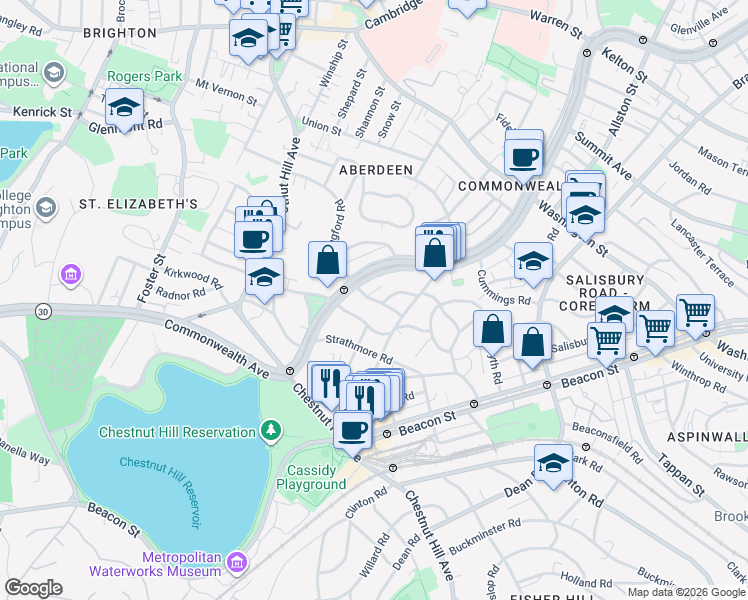map of restaurants, bars, coffee shops, grocery stores, and more near 16 Kinross Road in Boston