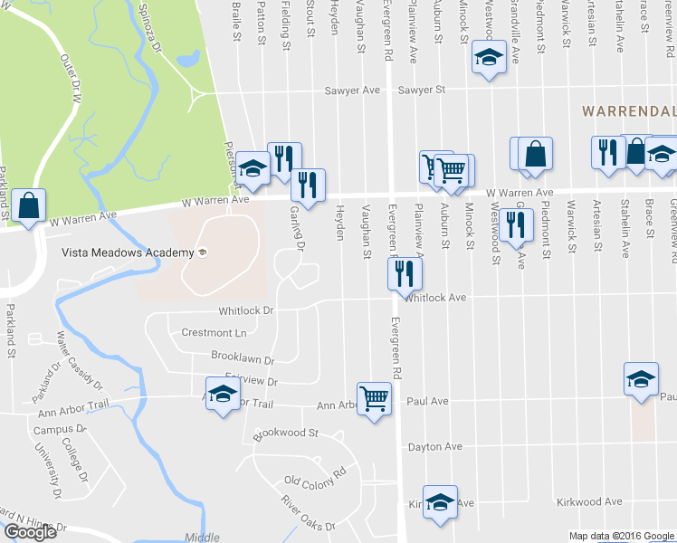 map of restaurants, bars, coffee shops, grocery stores, and more near 6765 Heyden Street in Dearborn Heights