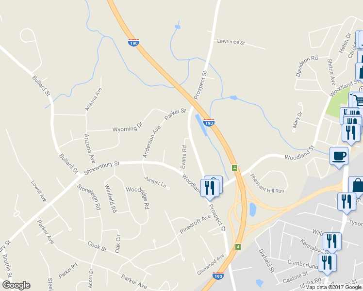 map of restaurants, bars, coffee shops, grocery stores, and more near 4 Evans Road in West Boylston