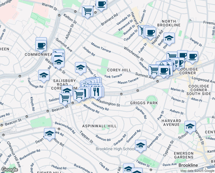 map of restaurants, bars, coffee shops, grocery stores, and more near 5 Mason Terrace in Brookline