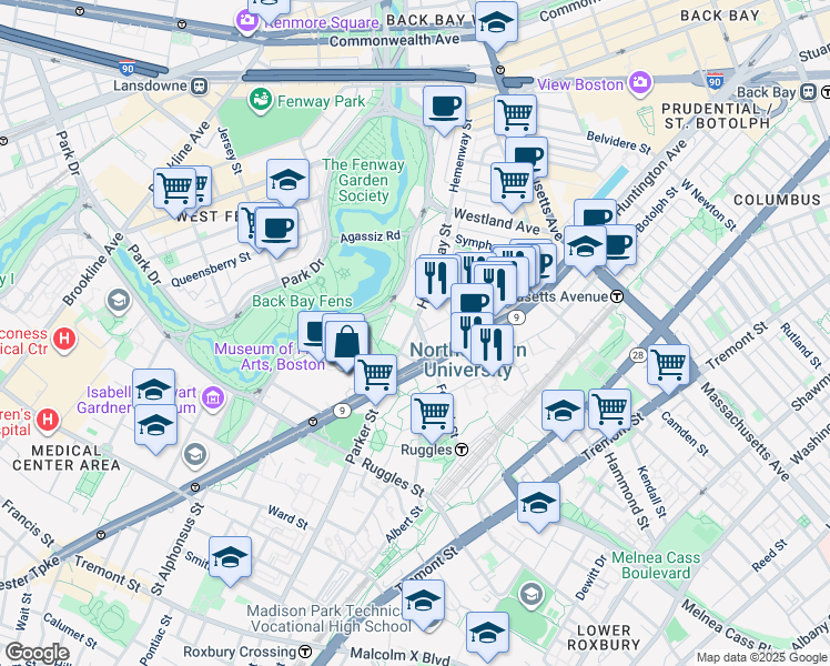 map of restaurants, bars, coffee shops, grocery stores, and more near 359 Huntington Avenue in Boston