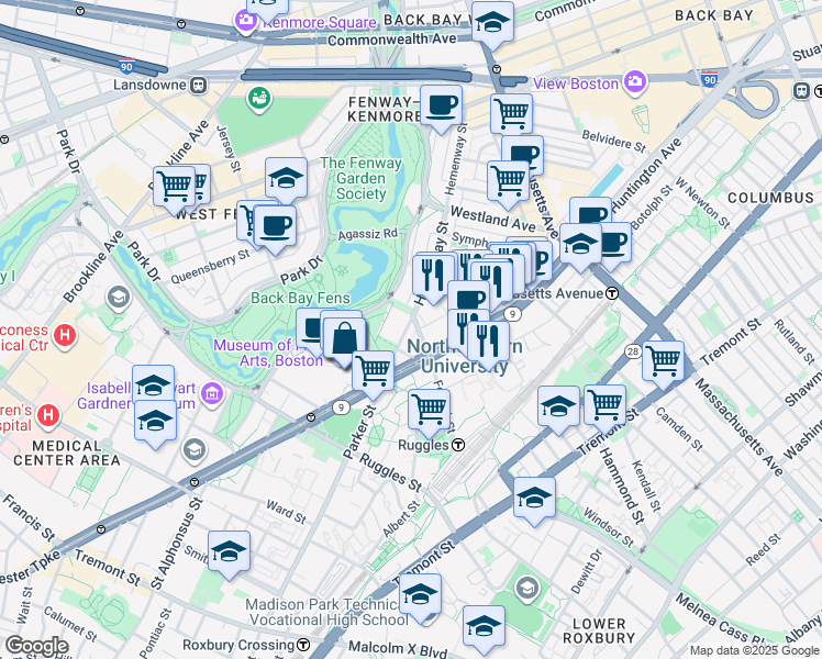 map of restaurants, bars, coffee shops, grocery stores, and more near 204 Hemenway Street in Boston