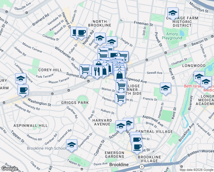 map of restaurants, bars, coffee shops, grocery stores, and more near 45 Marion Street in Brookline