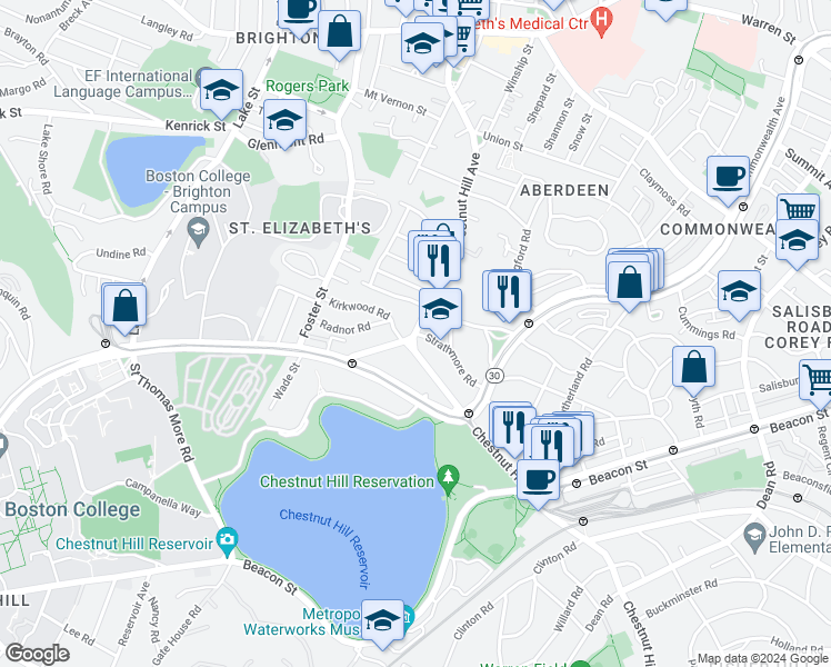 map of restaurants, bars, coffee shops, grocery stores, and more near Chestnut Hill Ave & Strathmore Rd in Boston