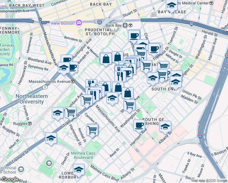 map of restaurants, bars, coffee shops, grocery stores, and more near 708 Tremont Street in Boston