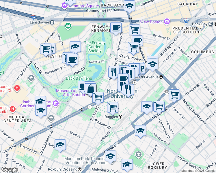 map of restaurants, bars, coffee shops, grocery stores, and more near 359 Huntington Avenue in Boston