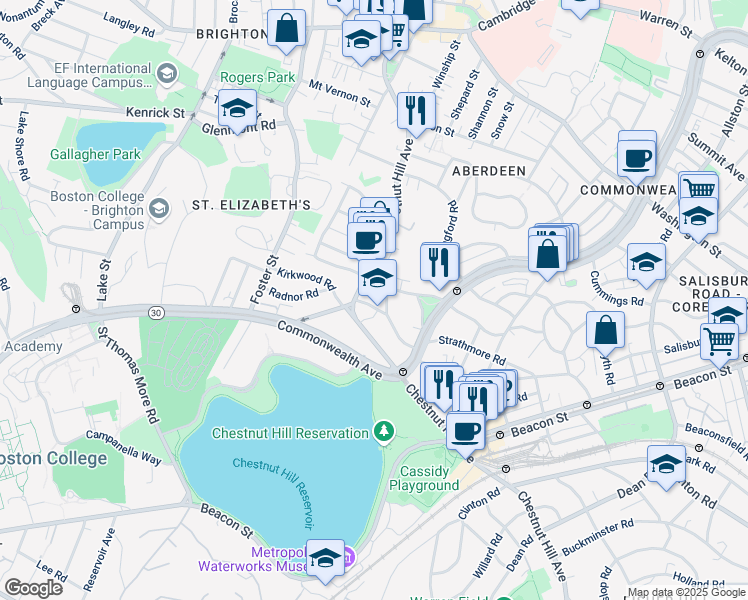 map of restaurants, bars, coffee shops, grocery stores, and more near 186 Chestnut Hill Avenue in Boston