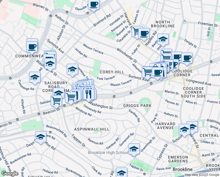 map of restaurants, bars, coffee shops, grocery stores, and more near in Brookline