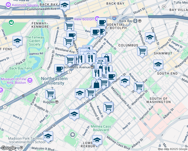 map of restaurants, bars, coffee shops, grocery stores, and more near 396 Northampton Street in Boston
