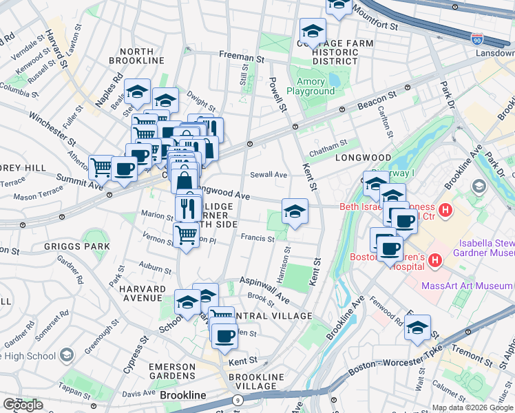 map of restaurants, bars, coffee shops, grocery stores, and more near 89-95 Longwood Avenue in Brookline