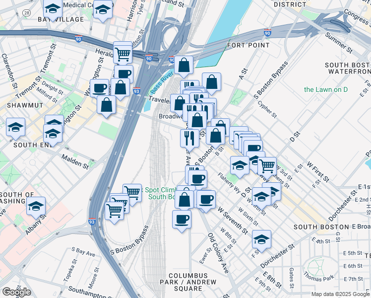 map of restaurants, bars, coffee shops, grocery stores, and more near 163 Dorchester Avenue in Boston