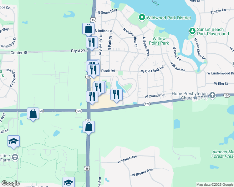 map of restaurants, bars, coffee shops, grocery stores, and more near 1903 Country Drive in Grayslake