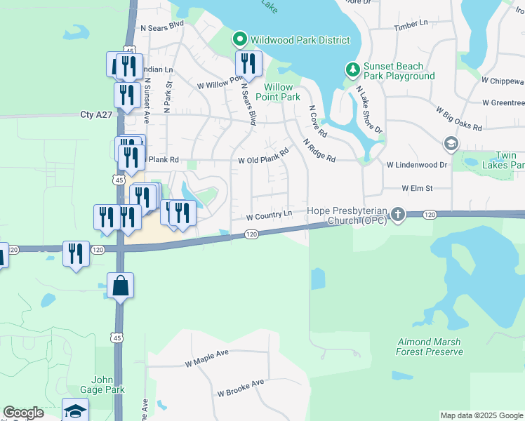 map of restaurants, bars, coffee shops, grocery stores, and more near 18630 West Country Lane in Grayslake