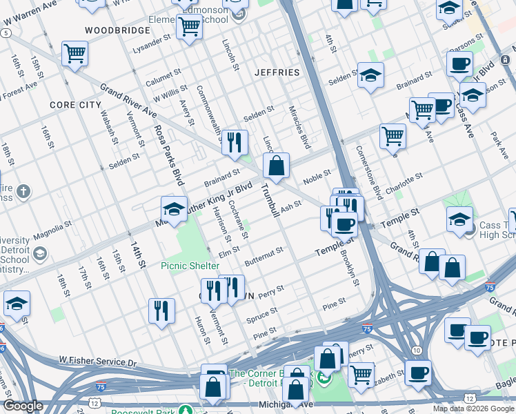 map of restaurants, bars, coffee shops, grocery stores, and more near 1539 Sycamore Street in Detroit
