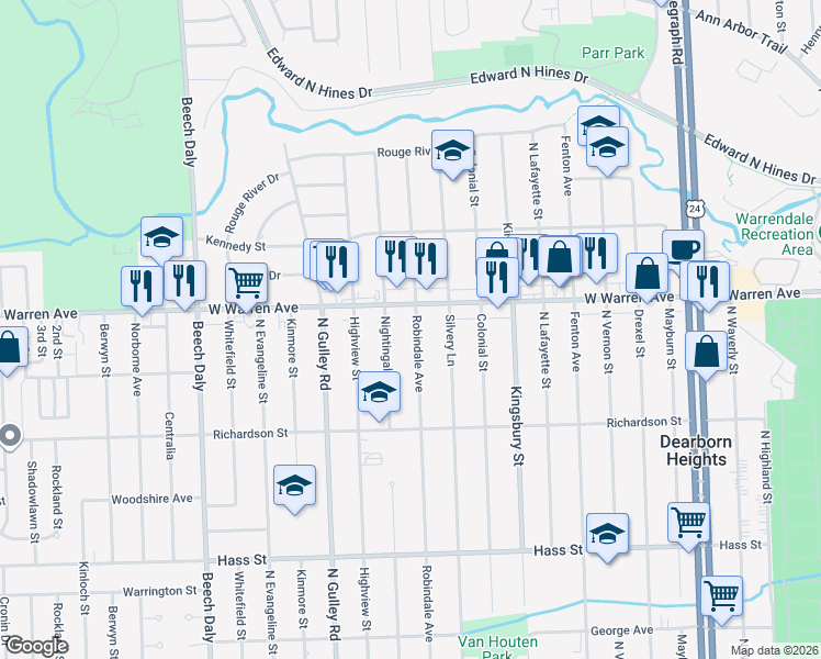 map of restaurants, bars, coffee shops, grocery stores, and more near 7053 Robindale Avenue in Dearborn Heights