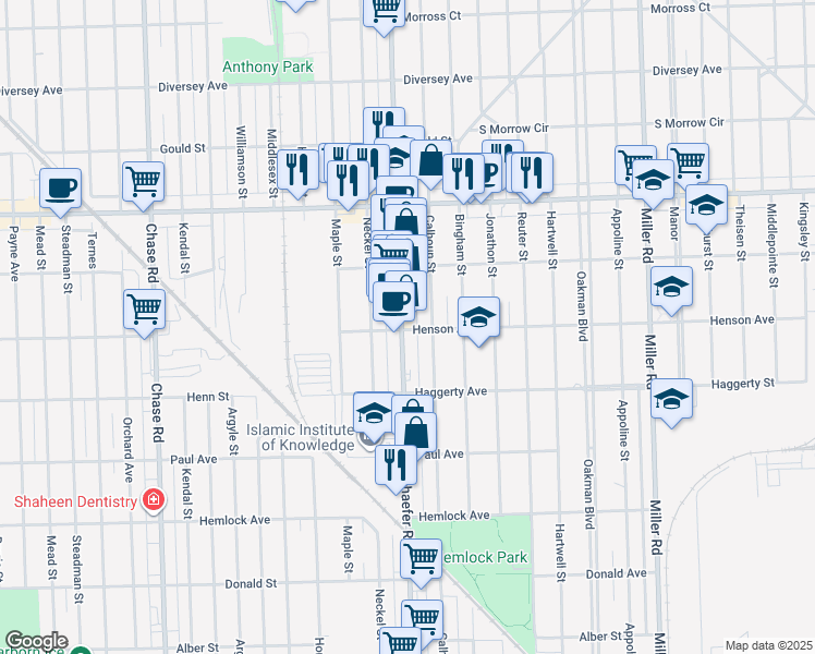 map of restaurants, bars, coffee shops, grocery stores, and more near 6800 Schaefer Road in Dearborn