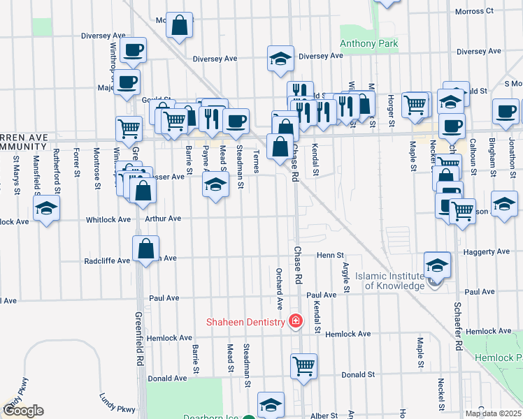 map of restaurants, bars, coffee shops, grocery stores, and more near 6818 Ternes in Dearborn