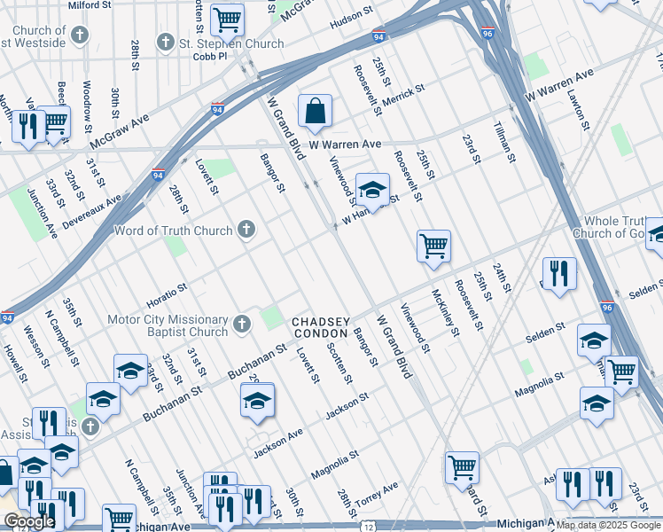 map of restaurants, bars, coffee shops, grocery stores, and more near 4536 Bangor Street in Detroit