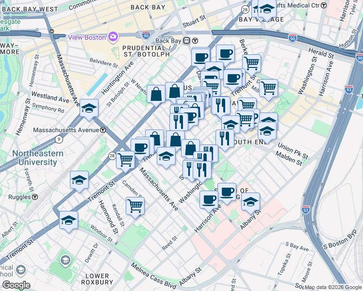 map of restaurants, bars, coffee shops, grocery stores, and more near 86 West Haven Street in Boston
