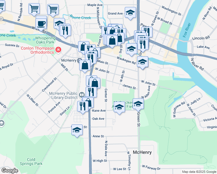 map of restaurants, bars, coffee shops, grocery stores, and more near 904 Center Street in McHenry