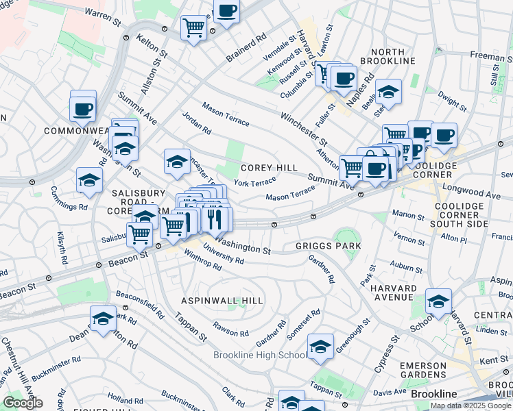 map of restaurants, bars, coffee shops, grocery stores, and more near 5 Mason Terrace in Brookline