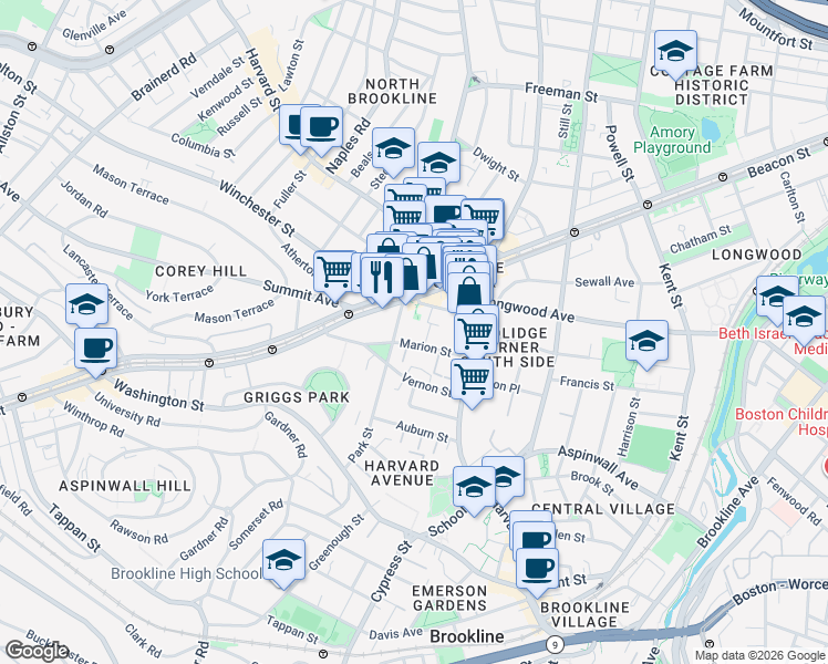 map of restaurants, bars, coffee shops, grocery stores, and more near in Brookline