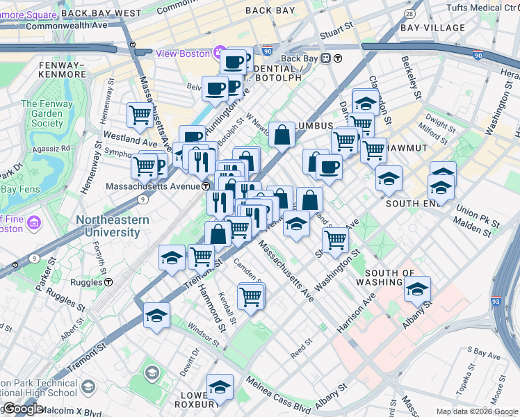map of restaurants, bars, coffee shops, grocery stores, and more near 212 West Springfield Street in Boston
