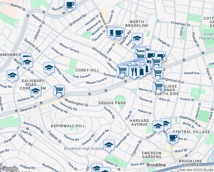 map of restaurants, bars, coffee shops, grocery stores, and more near 1476 Beacon Street in Brookline