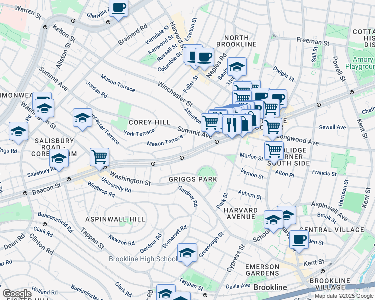 map of restaurants, bars, coffee shops, grocery stores, and more near 1476 Beacon Street in Brookline