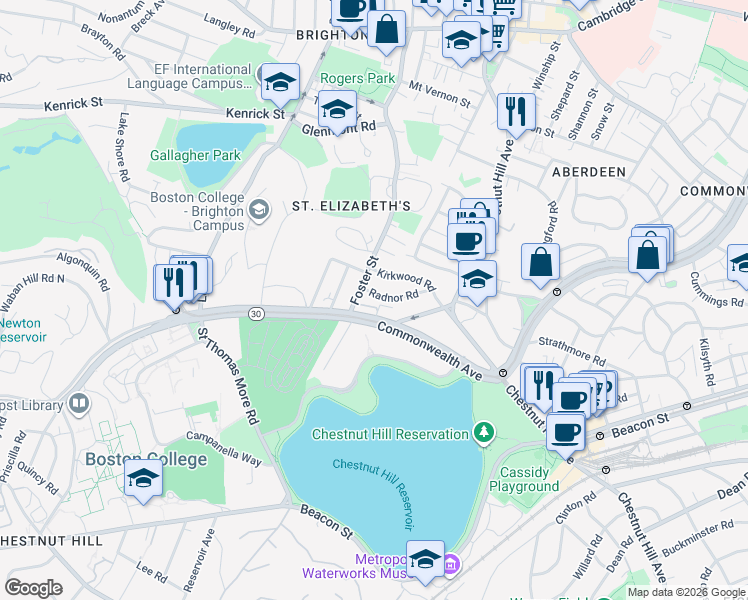 map of restaurants, bars, coffee shops, grocery stores, and more near 15 Radnor Road in Boston