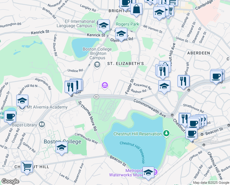 map of restaurants, bars, coffee shops, grocery stores, and more near 5 Greycliff Road in Boston