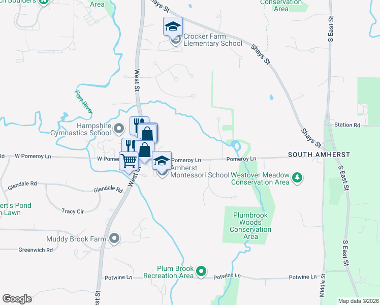 map of restaurants, bars, coffee shops, grocery stores, and more near 90 Pomeroy Lane in Amherst