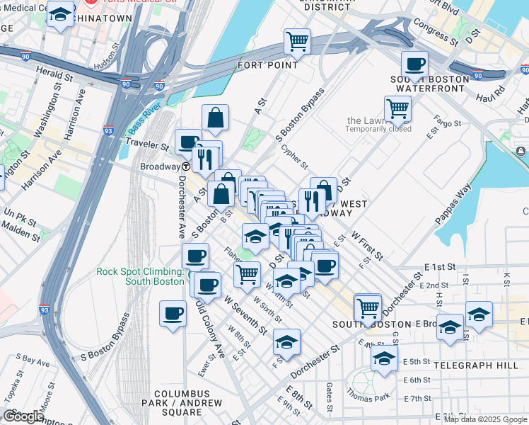 map of restaurants, bars, coffee shops, grocery stores, and more near 166 Athens Street in Boston