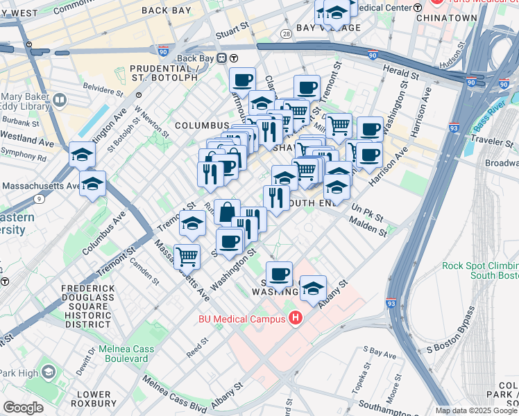 map of restaurants, bars, coffee shops, grocery stores, and more near 50 West Brookline Street in Boston