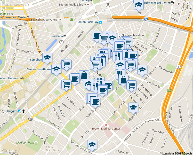 map of restaurants, bars, coffee shops, grocery stores, and more near 86 West Haven Street in Boston