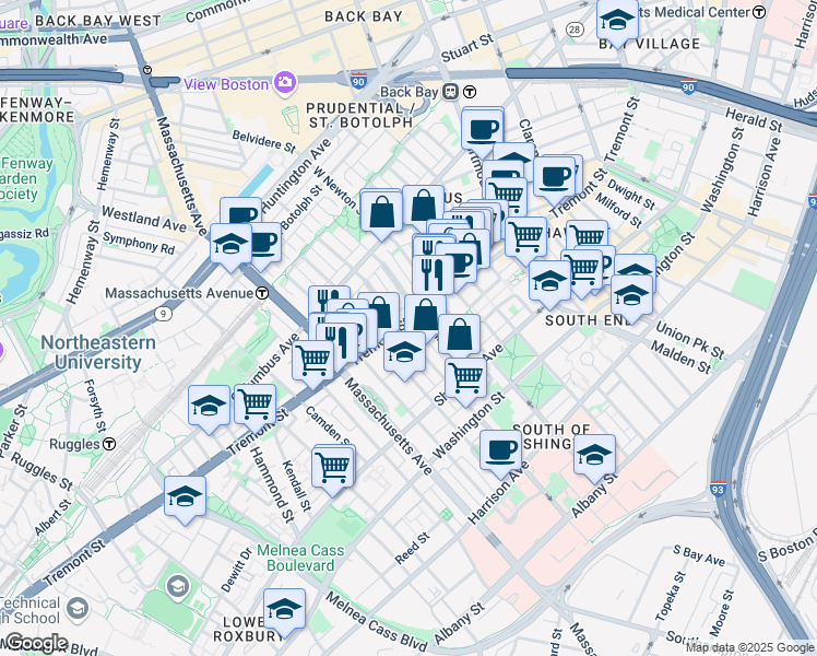 map of restaurants, bars, coffee shops, grocery stores, and more near 708 Tremont Street in Boston