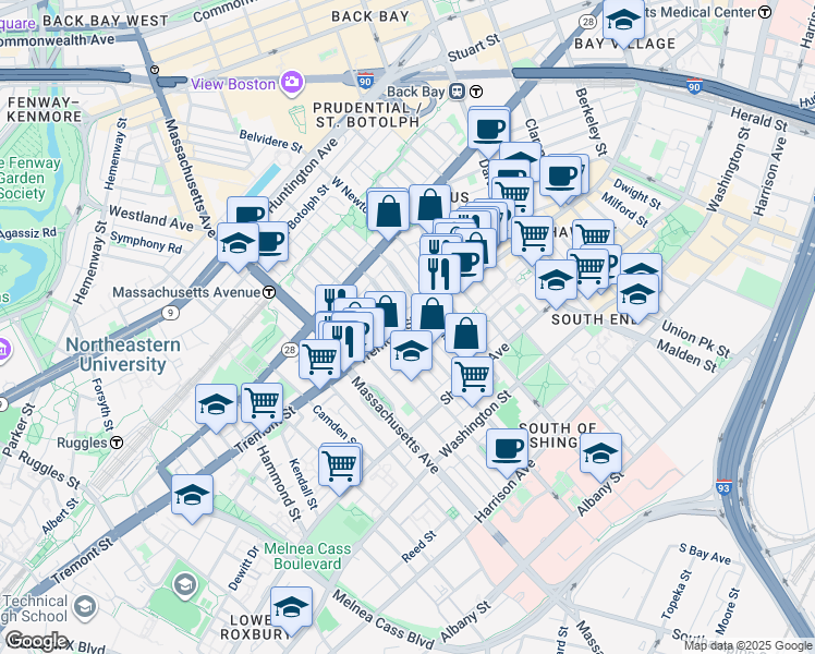 map of restaurants, bars, coffee shops, grocery stores, and more near 708 Tremont Street in Boston