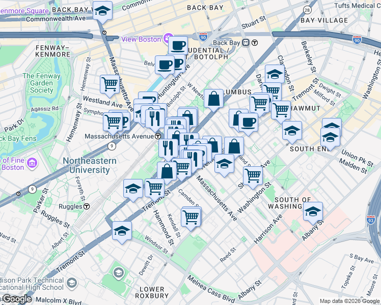 map of restaurants, bars, coffee shops, grocery stores, and more near 212 West Springfield Street in Boston