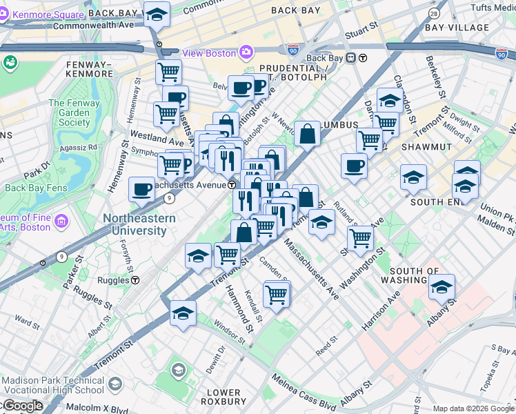 map of restaurants, bars, coffee shops, grocery stores, and more near 586 Columbus Avenue in Boston
