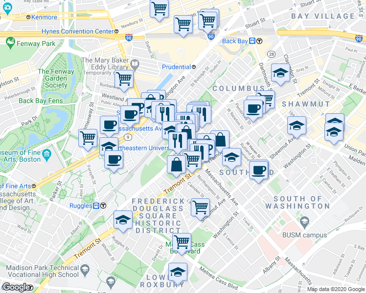 map of restaurants, bars, coffee shops, grocery stores, and more near in Boston