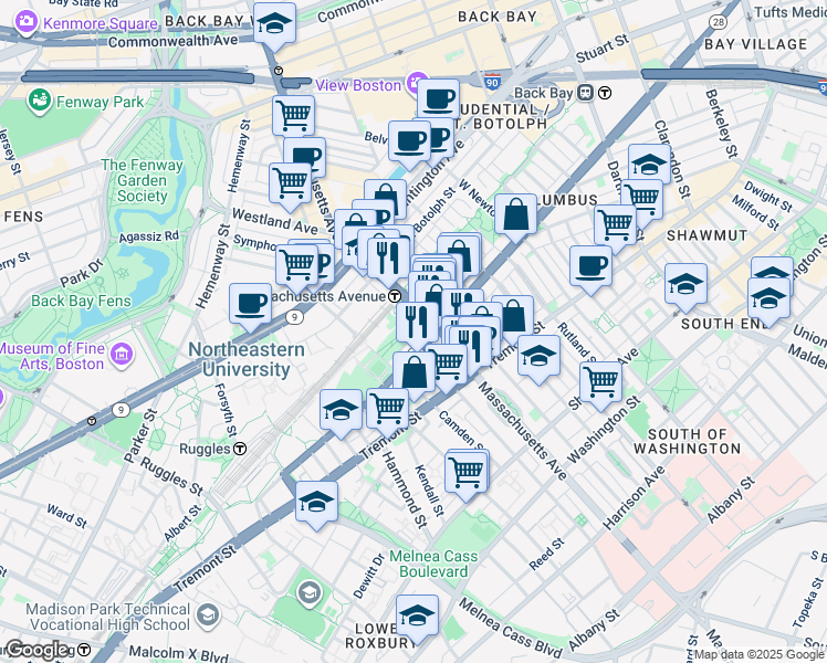map of restaurants, bars, coffee shops, grocery stores, and more near 586 Columbus Avenue in Boston